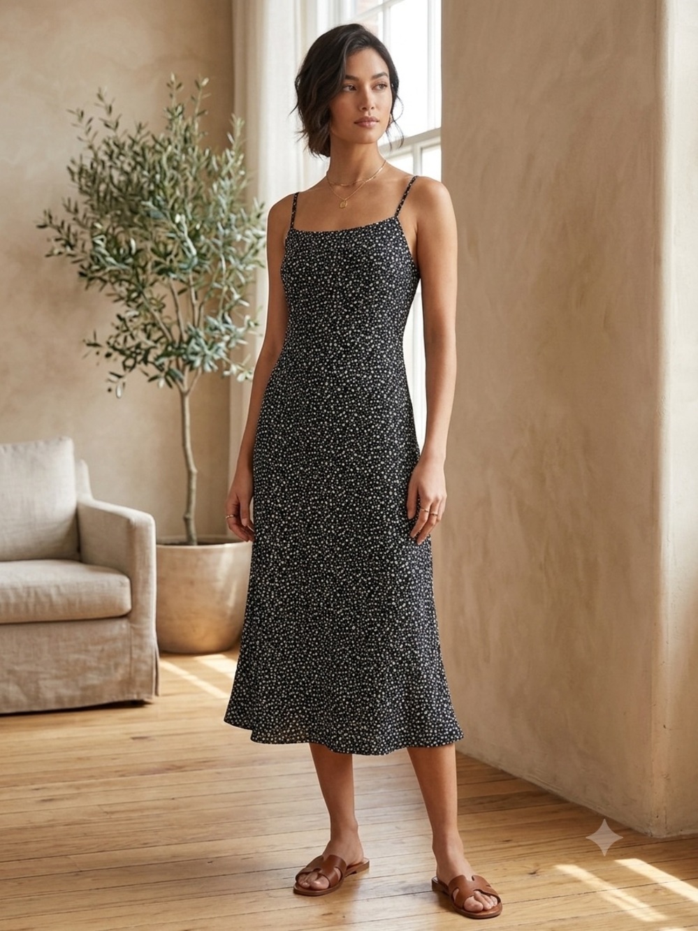 SHEIN Black Micro-Spot Slip Midi Dress‎